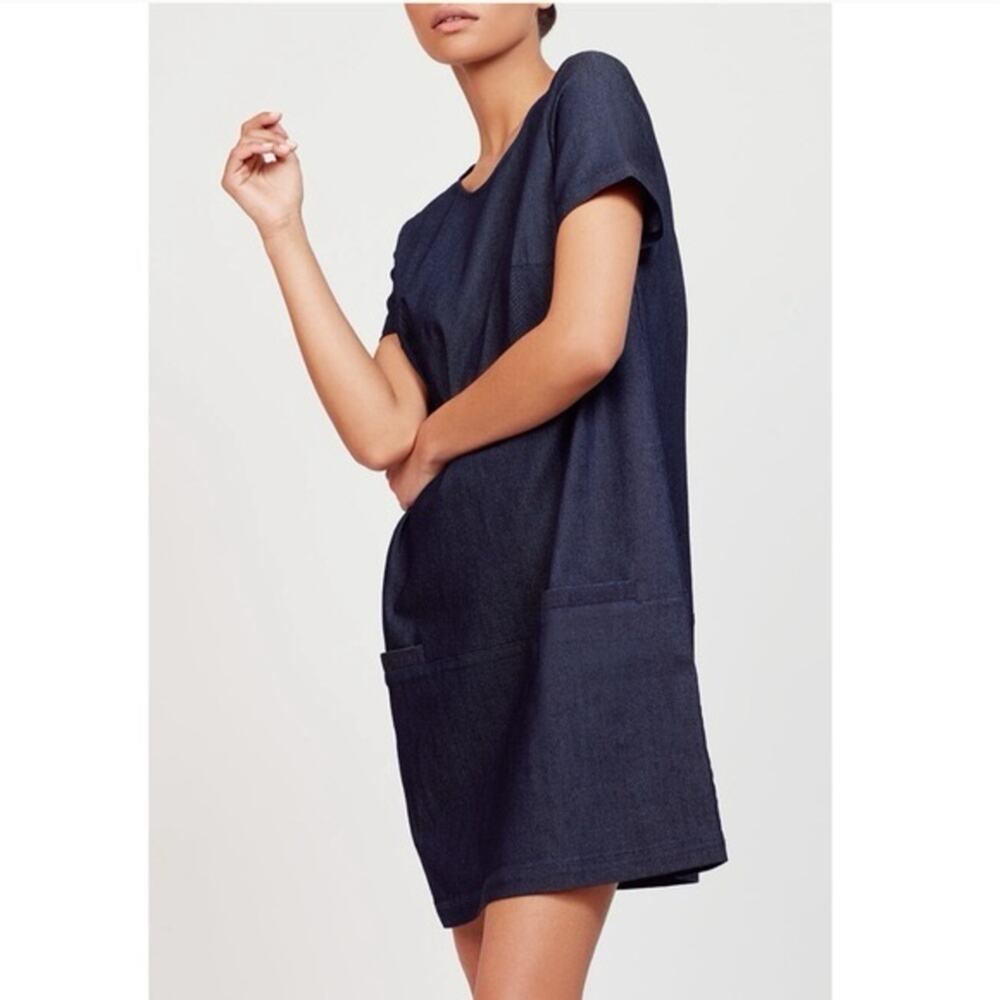 Cuyana Blue Denim Tee Shift Dress Front Pockets Back Tie Size Small